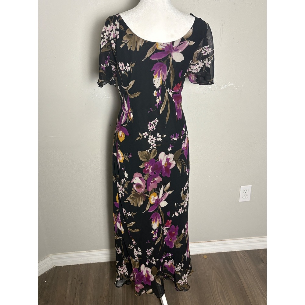 Adrianna Papell 100% Silk Floral Maxi Dress Dark Romantic Wedding Elegant Garden - Picture 5 of 8